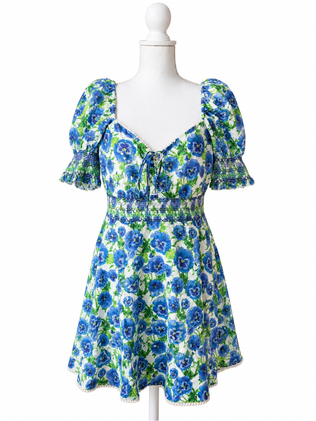 Alice + Olivia Blue And Green Floral Puff-Sleeve Mini Dress